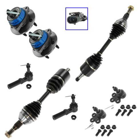 7-09 GM Mid Size Car SUV FWD Front Axle Shaft, Outer Tie Rod, Lower Ball Joint & Wheel Hub Kit