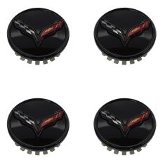 14-16 Chevy Corvette Stingray All Gloss Black ~Cross-Flag~ Logoed Center Cap (Set of 4) (GM)