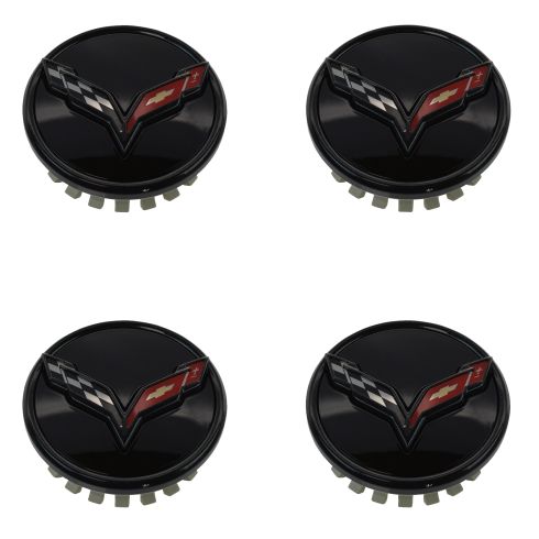 14-16 Chevy Corvette Stingray All Gloss Black ~Cross-Flag~ Logoed Center Cap (Set of 4) (GM)