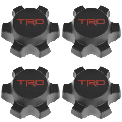 07-14 FJ Cruiser; 01-15 Tacoma w/16 In TRD Whl Blk & Red ~TRD~ Lg'd Whl Center Cap Set of 4 (Toyota)