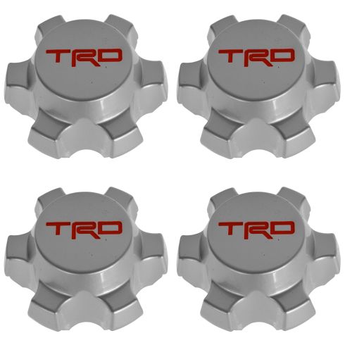 07-14 FJ Cruiser; 01-14 Tacoma (w/16, 6 Spoke Whl) Silver & Red ~TRD~ Ctr Cap Set of 4 (Toyota)