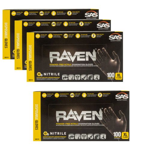 RAVEN: Powder-Free, Exam Grade, Fully Textued BLACK Nitrile NON LATEX 6 MIL Gloves 4 Box Kit (XL)
